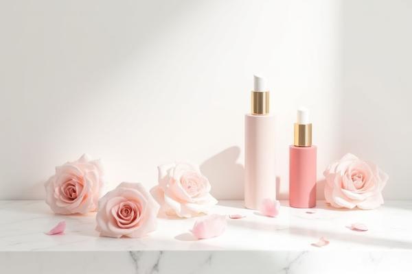 Stylish, minimalist display of a newly launched beauty product line on a marble counter.