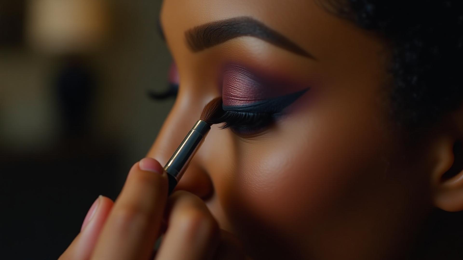 Makeup artist applying vibrant eye shadow with precision, showcasing high-quality M·A·C cosmetics and studio tools.