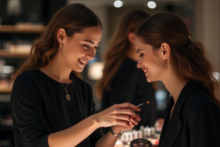 A Meridian Makeup staff member, a professional makeup artist, warmly assisting a customer in store, both engaged and smiling.