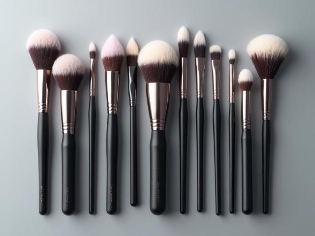 Assortment of professional M·A·C makeup brushes, highlighting their quality and variety.