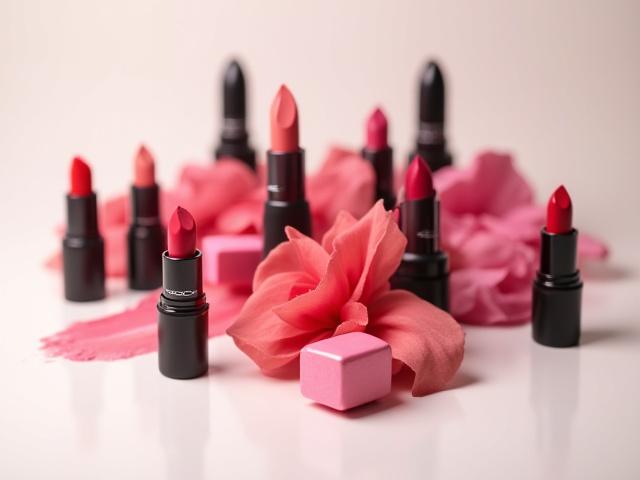 Close-up of various vibrant M·A·C lipsticks, including the iconic Ruby Woo shade.