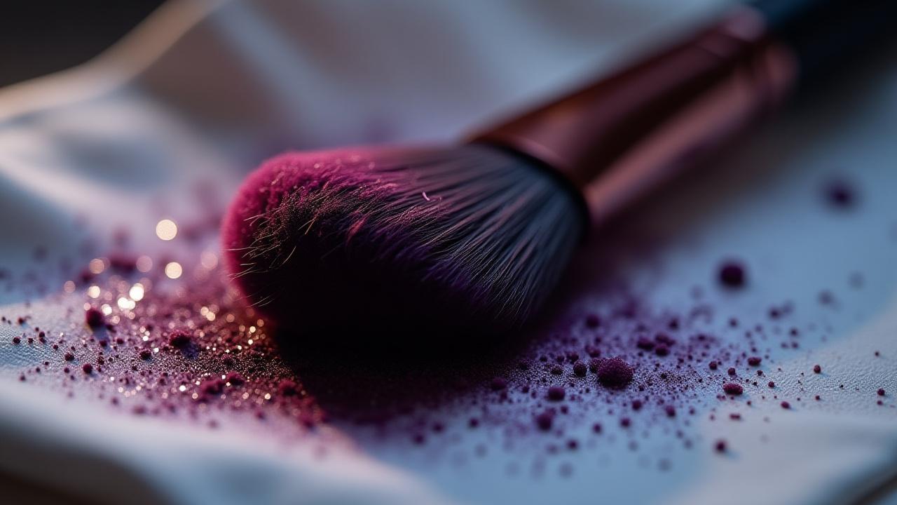 Macro shot of a makeup brush being cleaned with Meridian Studio Tool cleaner, pigment dissolving into a clean cloth