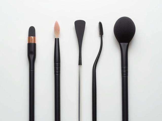 A collection of sleek, ergonomic Meridian Makeup professional applicators including spatulas and doe-foot wands