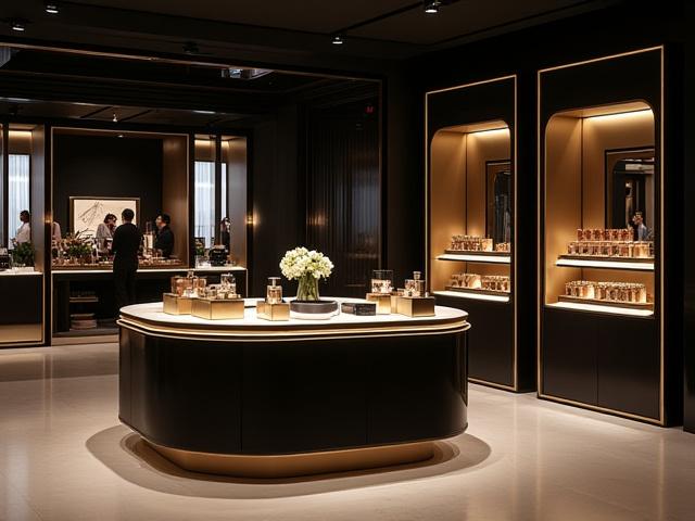 Elegant shop-in-shop concept for a makeup brand within a department store, featuring custom fixtures and branded signage.